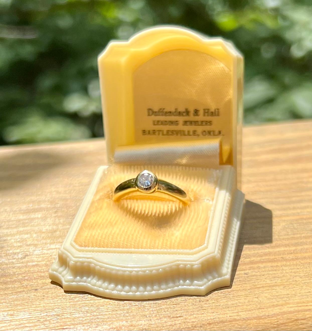 Women's 18 Karat Yellow Gold Bezel Set Diamond Engagement Ring For Sale