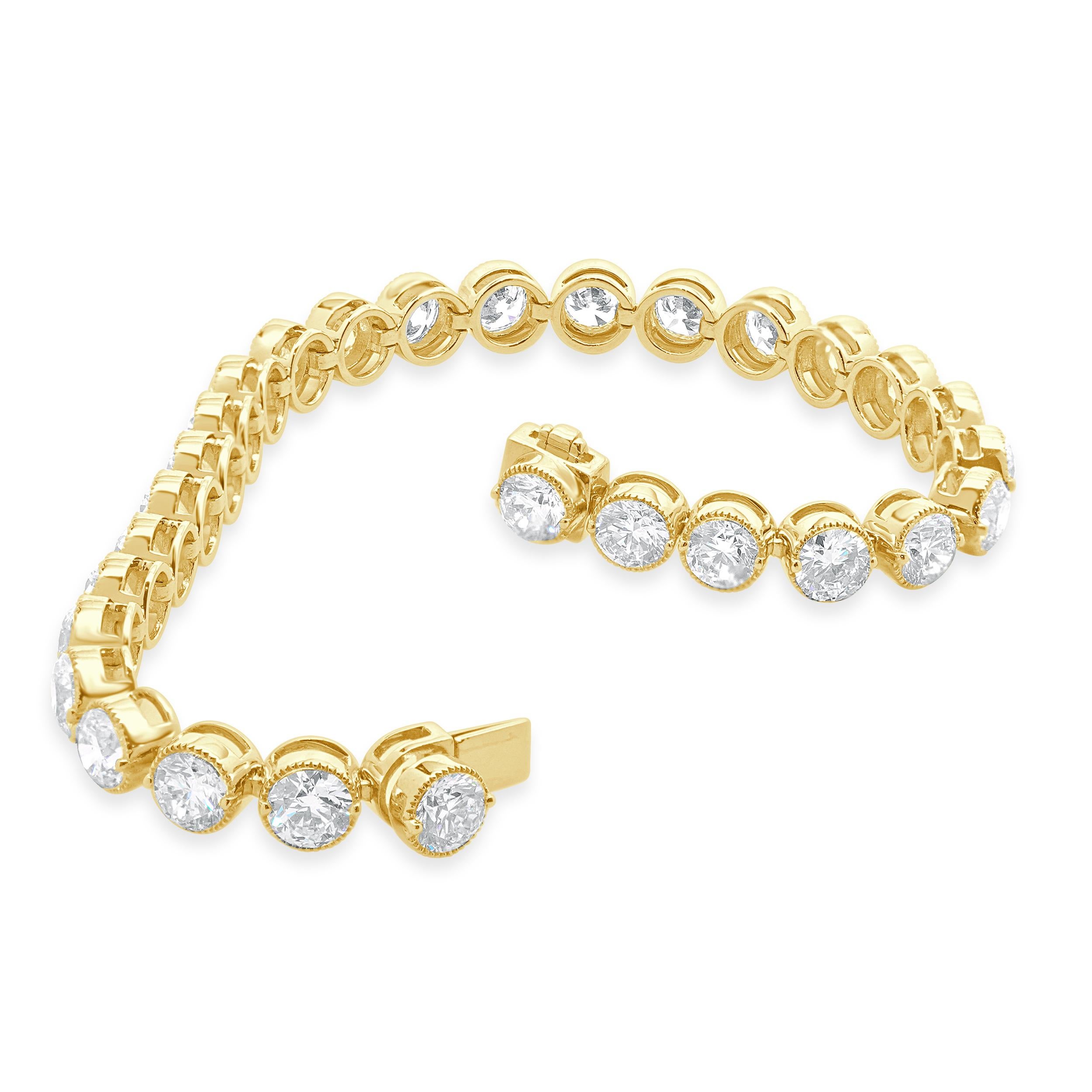 18 Karat Yellow Gold Bezel Set Diamond Tennis Bracelet In Excellent Condition For Sale In Scottsdale, AZ
