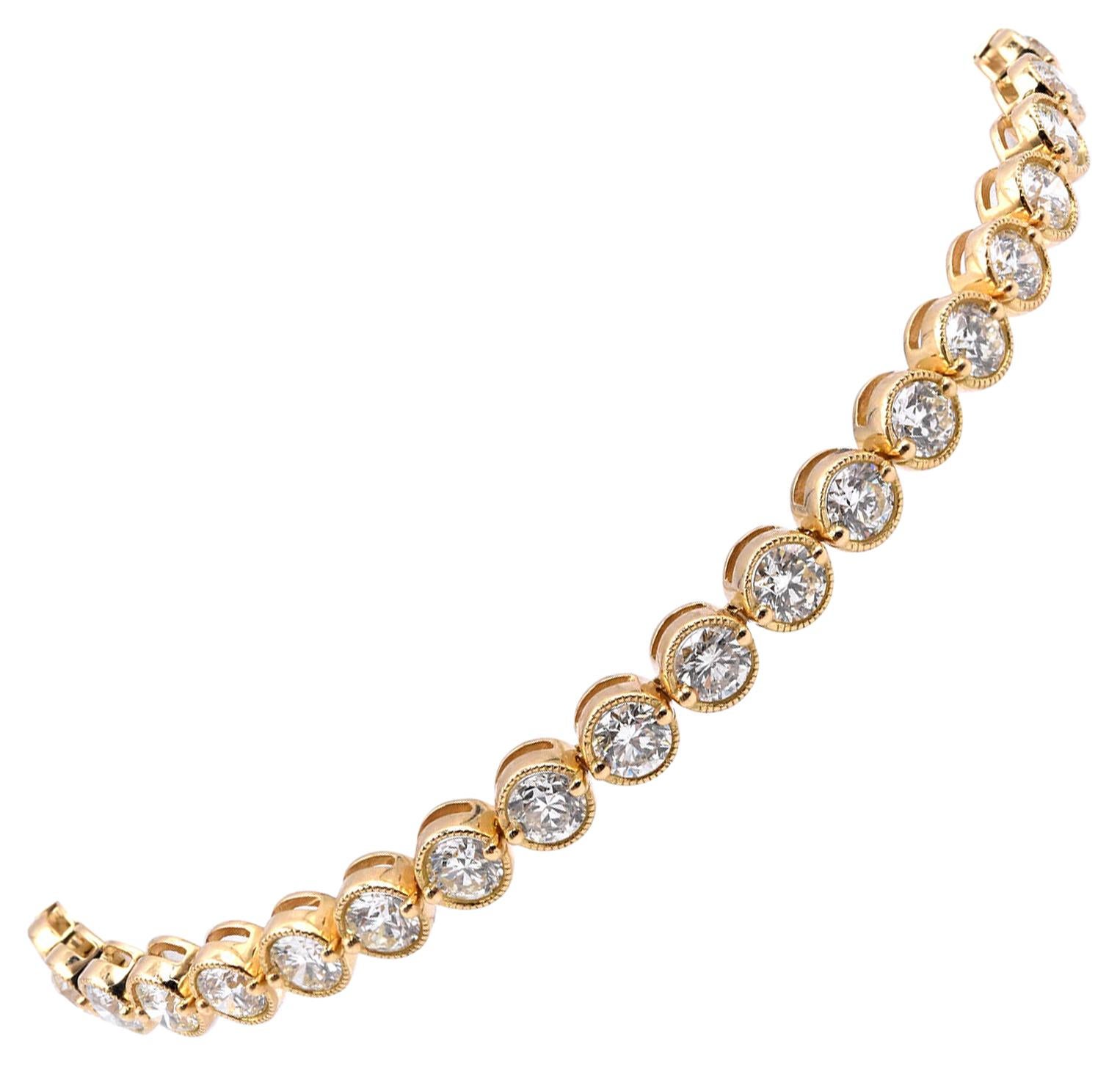 18 Karat Yellow Gold Bezel Set Diamond Tennis Bracelet For Sale at 1stDibs
