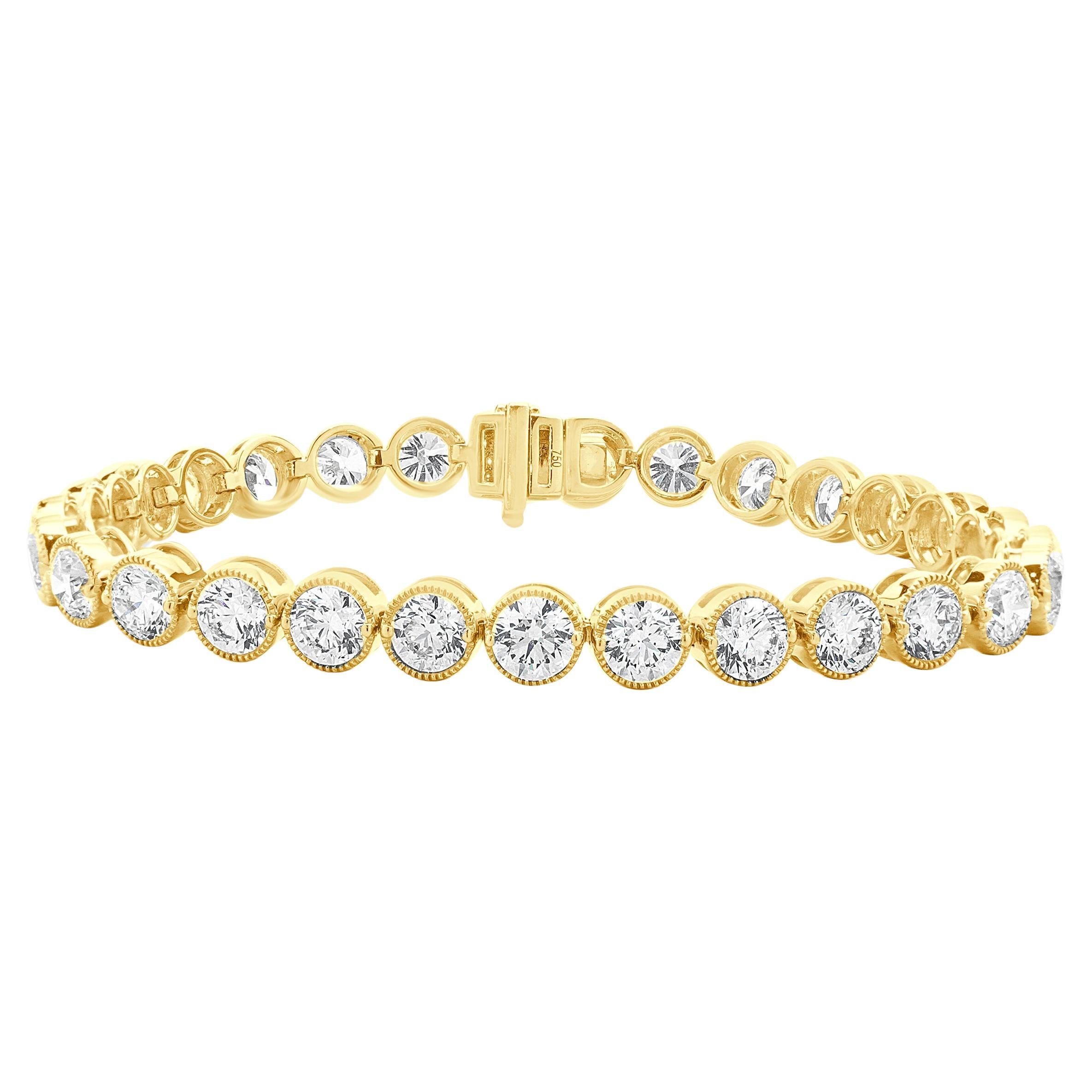 18 Karat Yellow Gold Bezel Set Diamond Tennis Bracelet For Sale