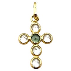 18 Karat Yellow Gold Bezel Set Green White Stone Cross Pendant #23072