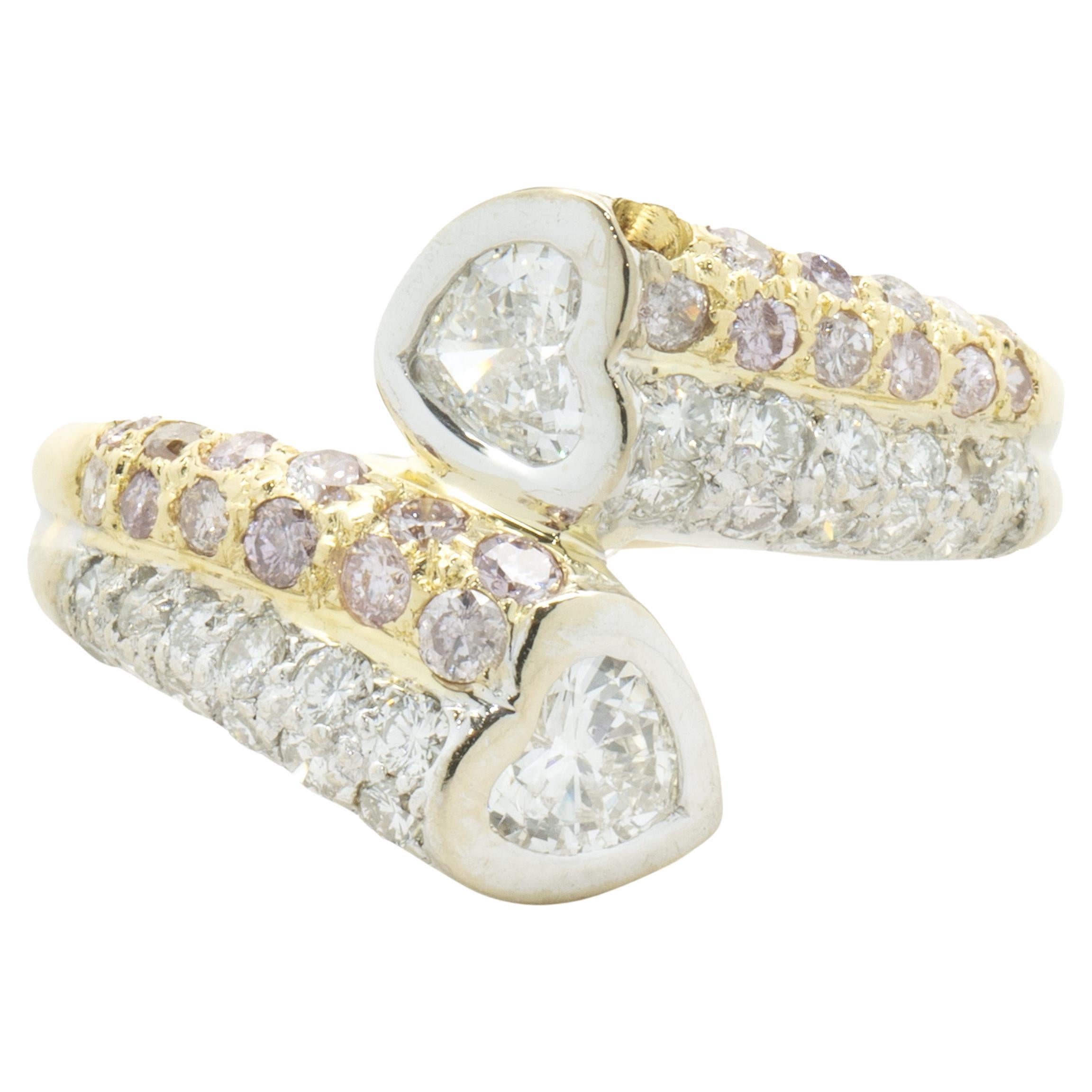 18 Karat Yellow Gold Bezel Set Heart Diamond Bypass Ring For Sale