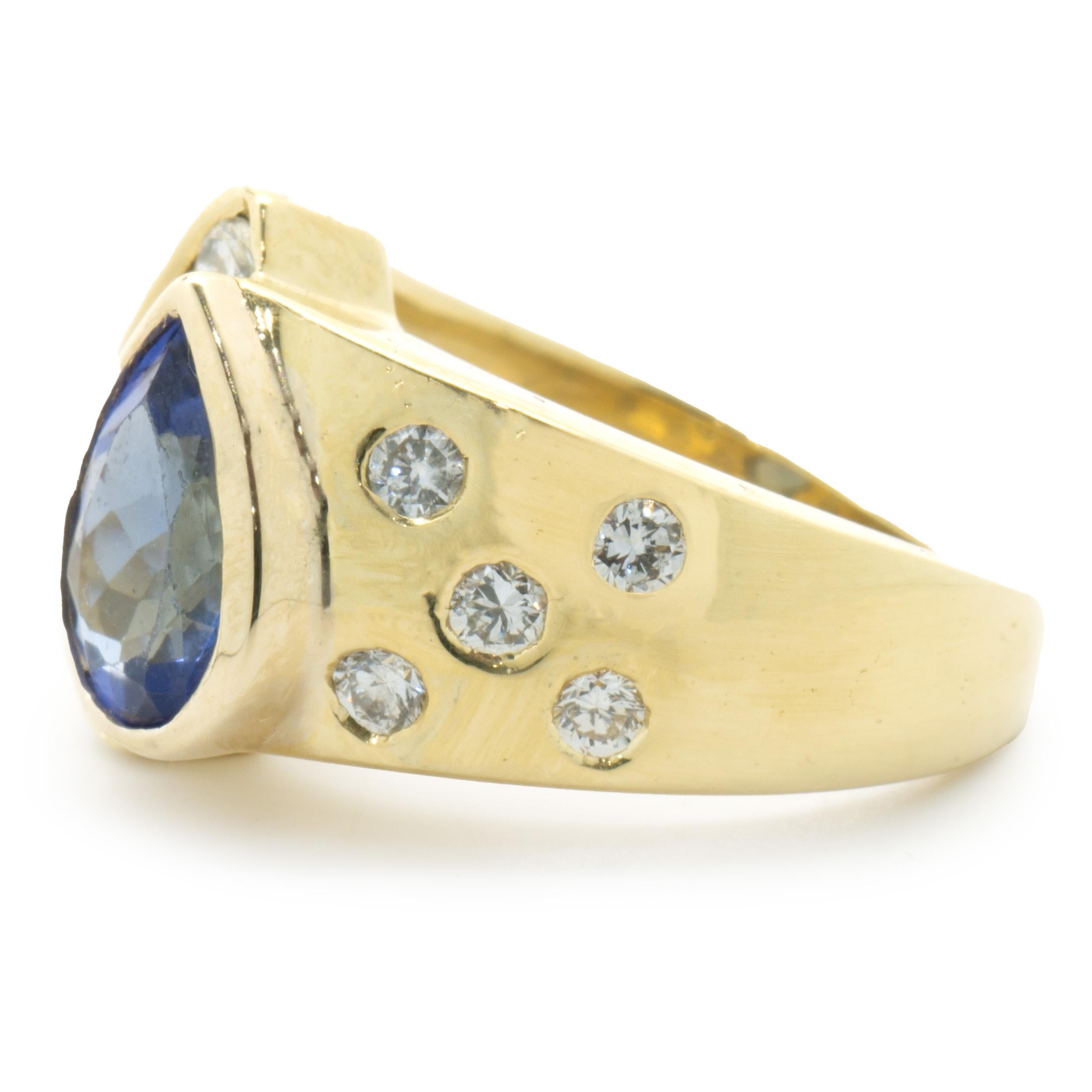 Pear Cut 18 Karat Yellow Gold Bezel Set Tanzanite and Diamond Geometric Ring