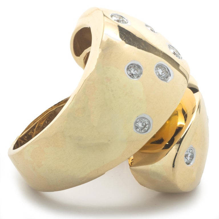 18 Karat Yellow Gold Bezel Set Wide Diamond Bypass Ring For Sale at 1stDibs