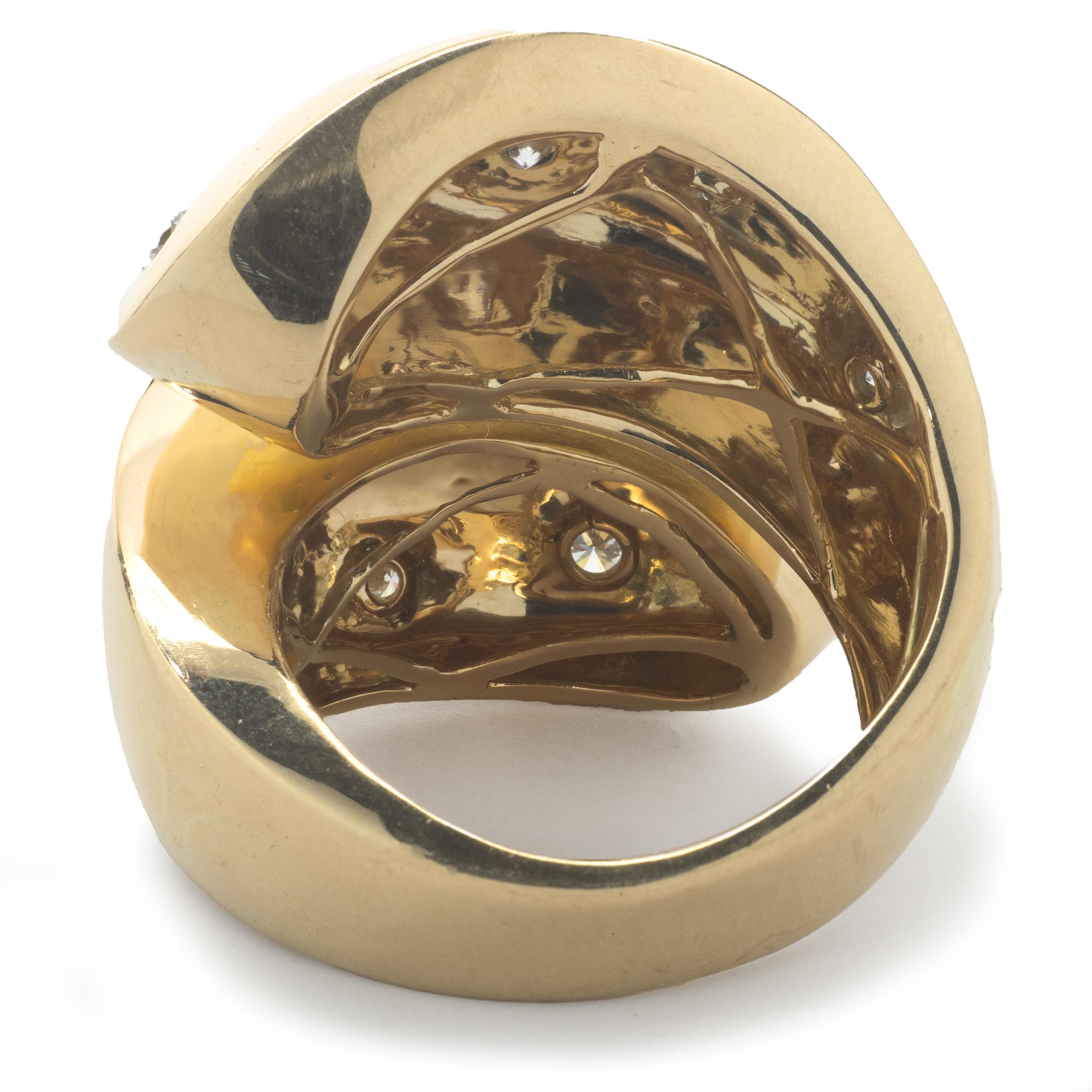 Round Cut 18 Karat Yellow Gold Bezel Set Wide Diamond Bypass Ring For Sale