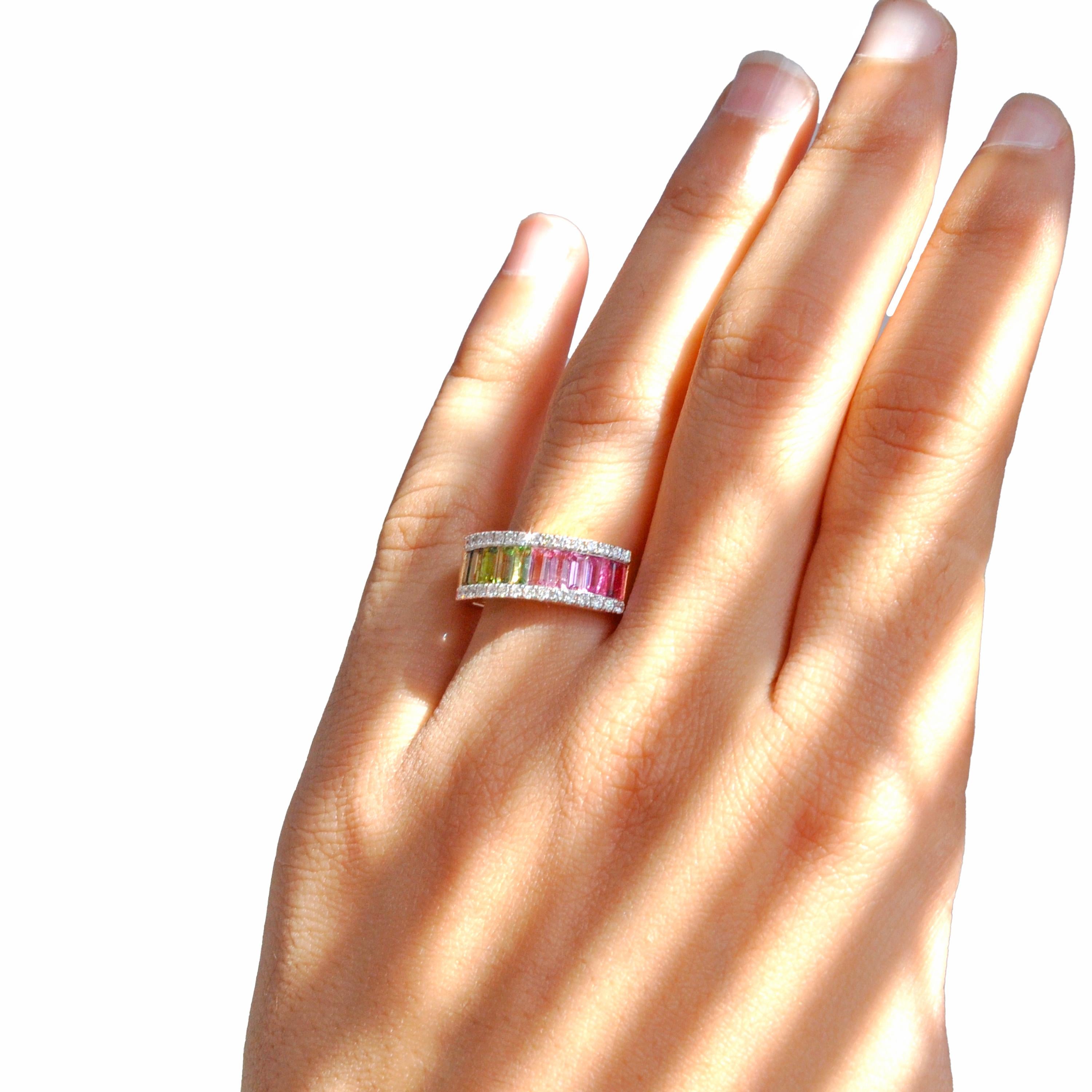 For Sale:  18 Karat Yellow Gold Bi-Color Tourmaline Baguette Diamond Band Ring 3