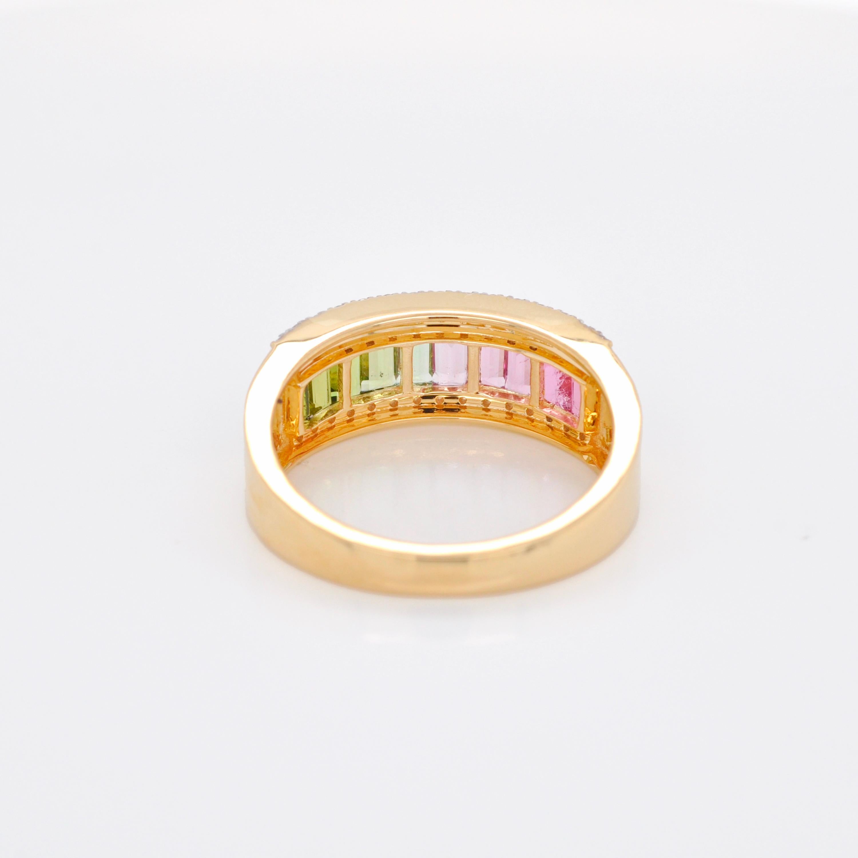 For Sale:  18 Karat Yellow Gold Bi-Color Tourmaline Baguette Diamond Band Ring 5