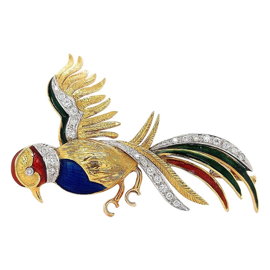 18 Karat Yellow Gold Bird of Paradise Brooch with Diamonds and Enamel For Sale