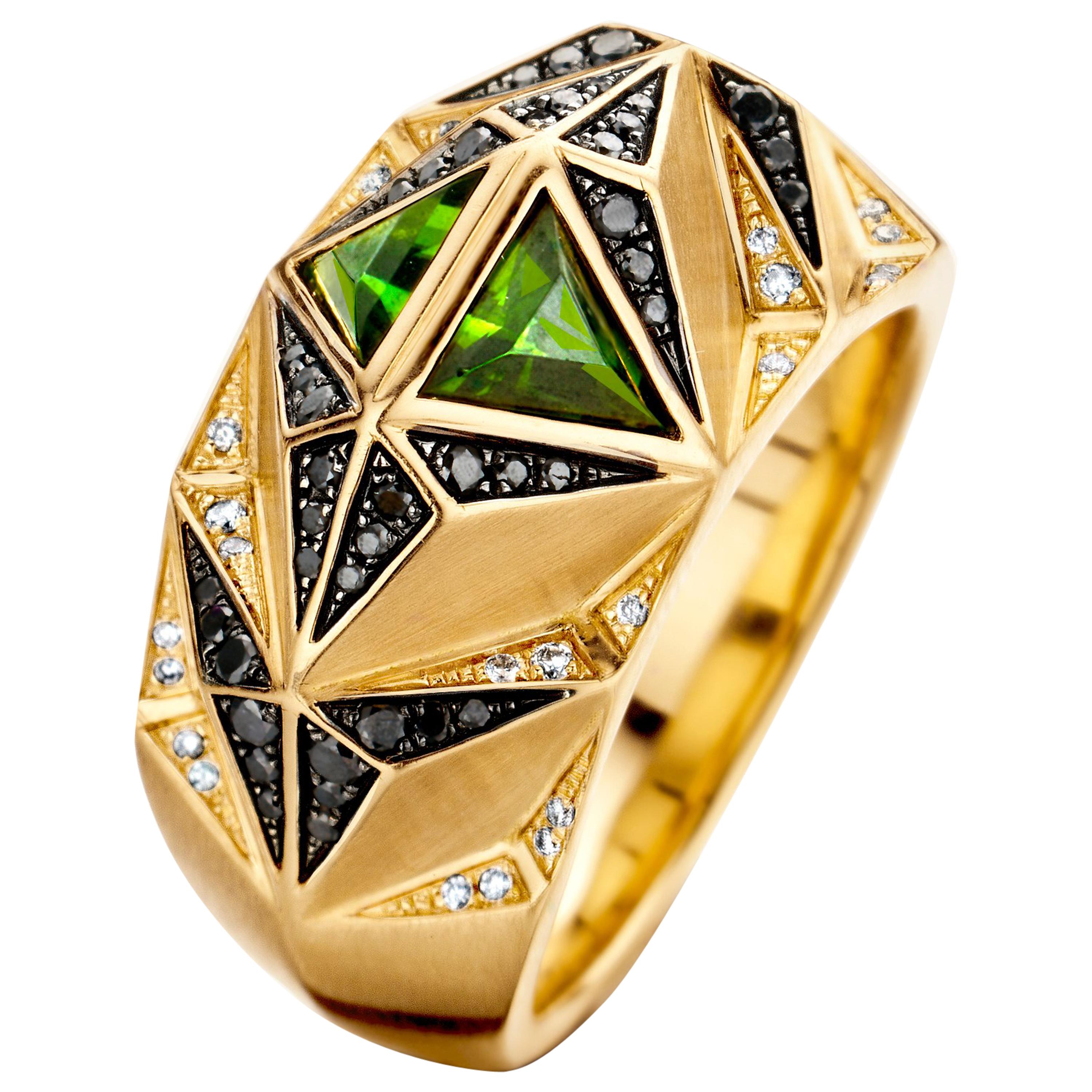 18 Karat Yellow Gold, Black and White Diamond and Tourmaline Carioca Ring For Sale