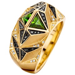 18 Karat Yellow Gold, Black and White Diamond and Tourmaline Carioca Ring