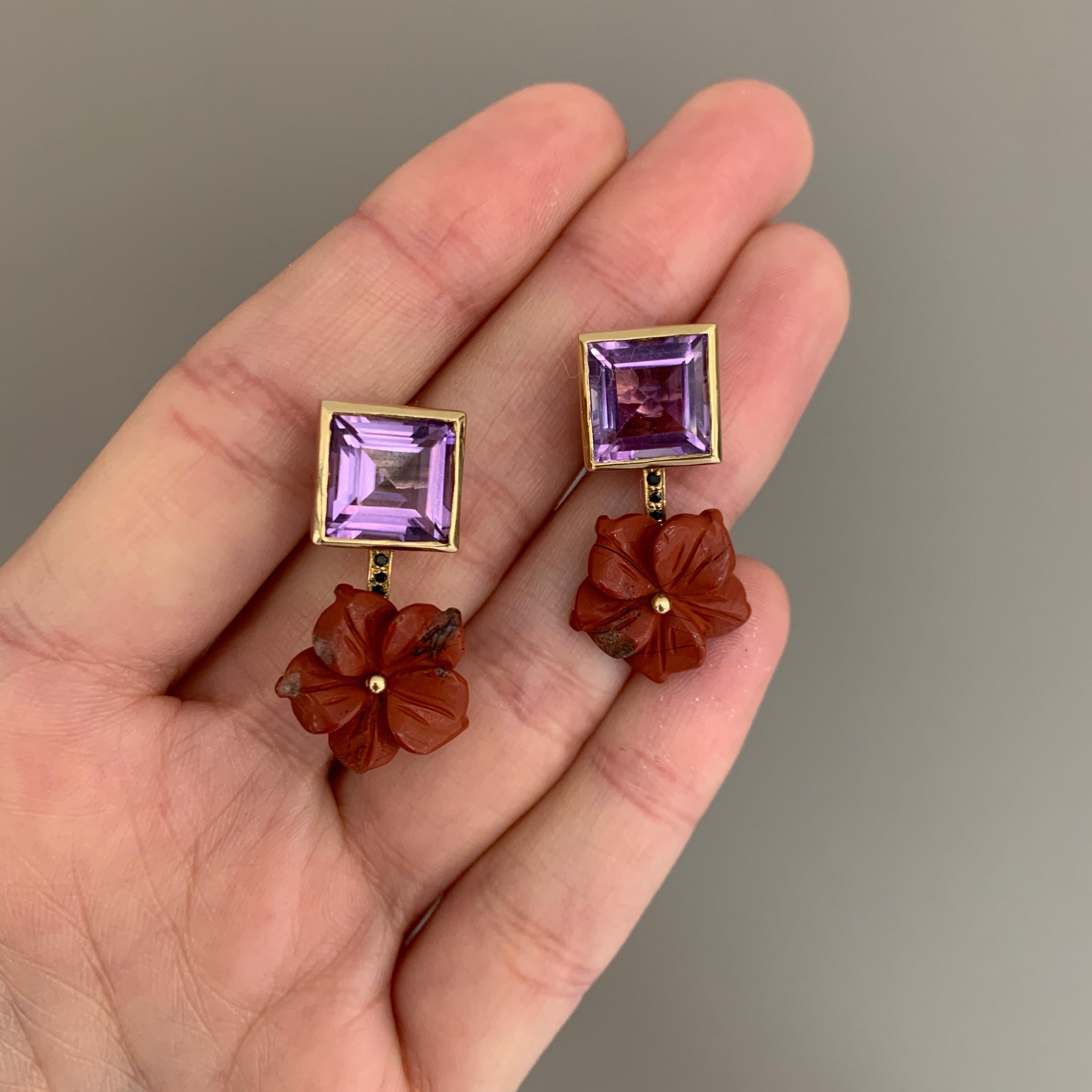 18ct Yellow Gold, Black Diamond, Amethyst and Jasper Flower Earrings For Sale 4