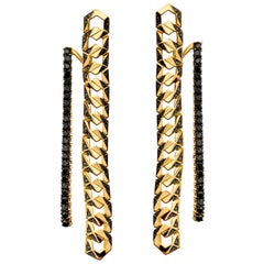 18 Karat Yellow Gold Black Diamond Signature Dangle Drop Chain Earrings