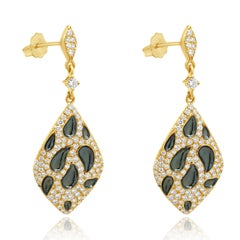 18 Karat Yellow Gold Black Enamel and Pave Diamond Dangle Earrings