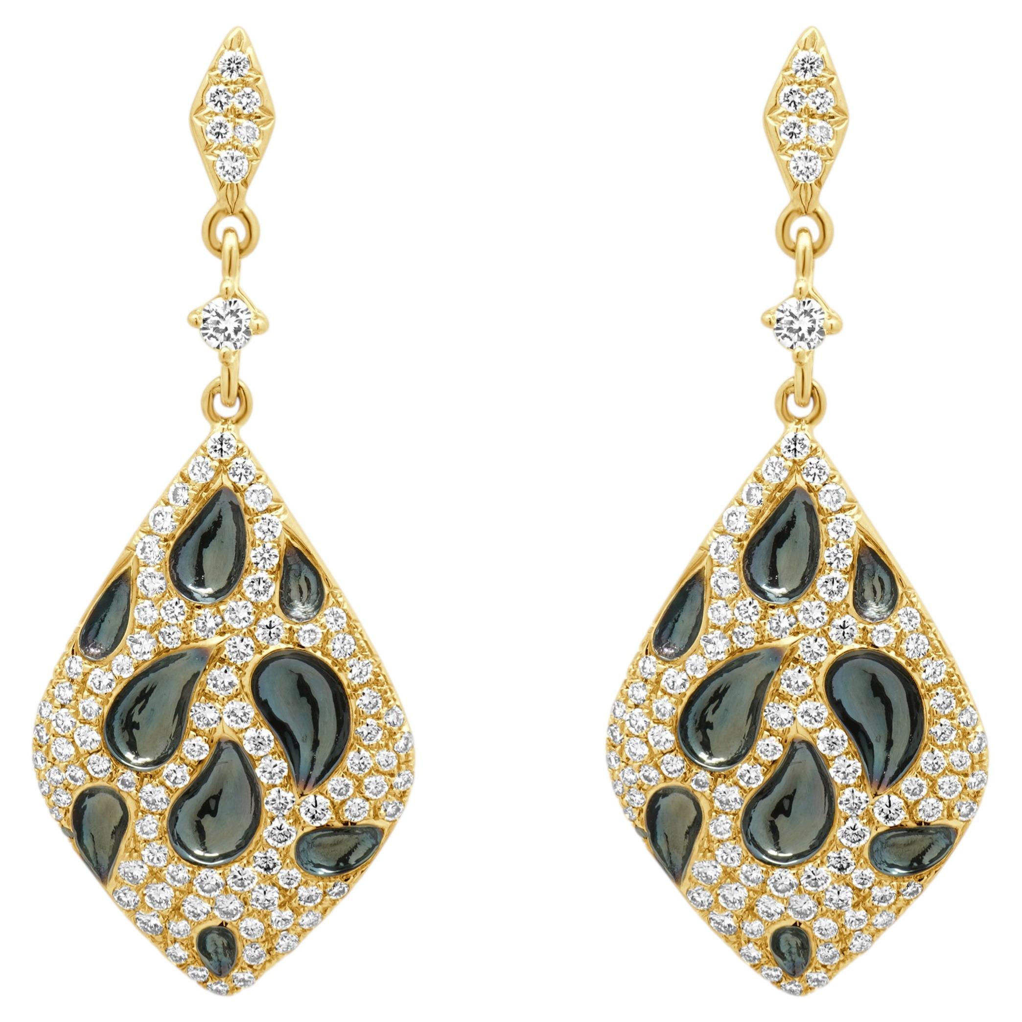 18 Karat Yellow Gold Black Enamel and Pave Diamond Dangle Earrings For Sale