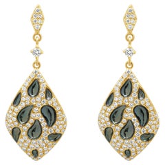 18 Karat Yellow Gold Black Enamel and Pave Diamond Dangle Earrings