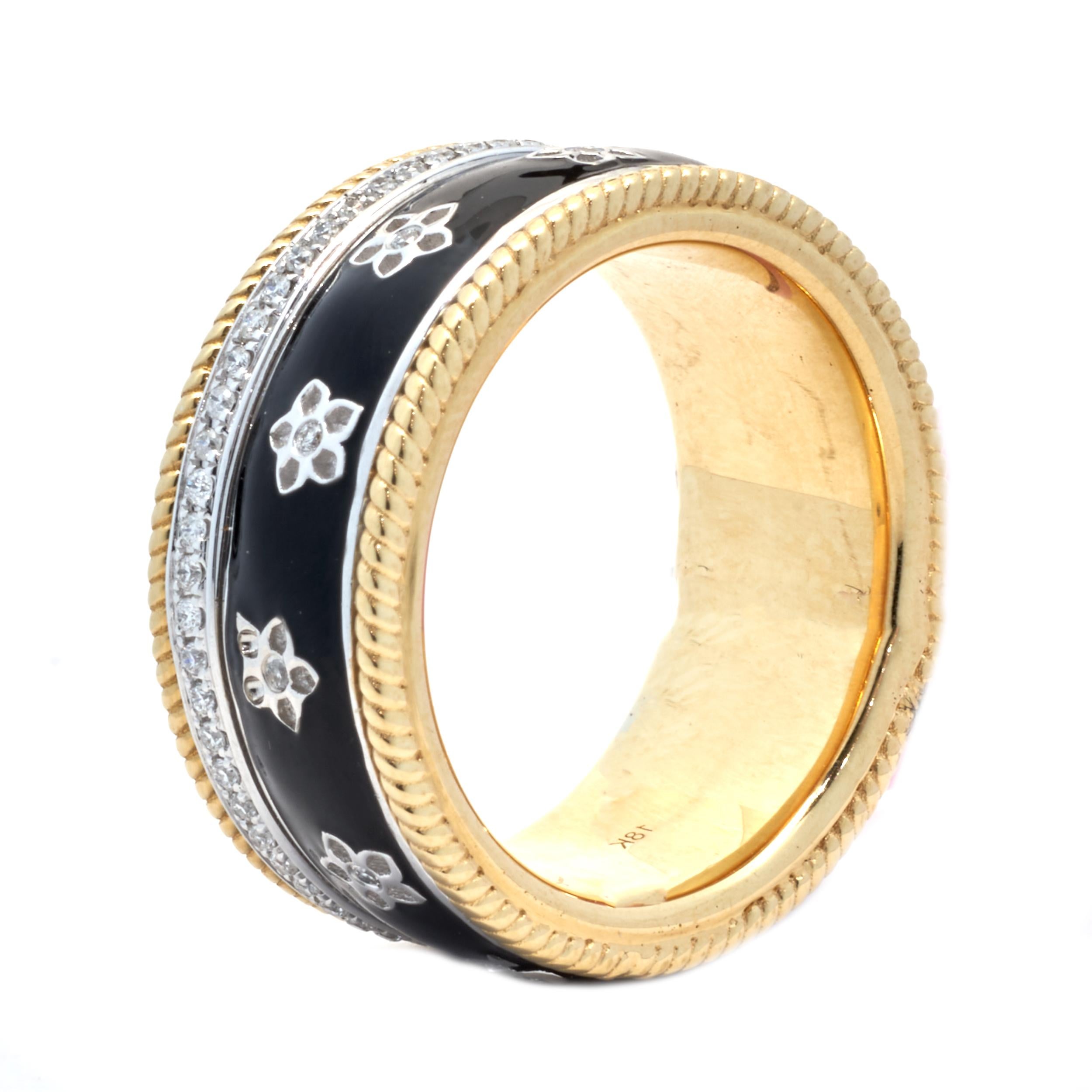 18 Karat Yellow Gold Black Enamel Diamond Flower Band In Excellent Condition In Scottsdale, AZ