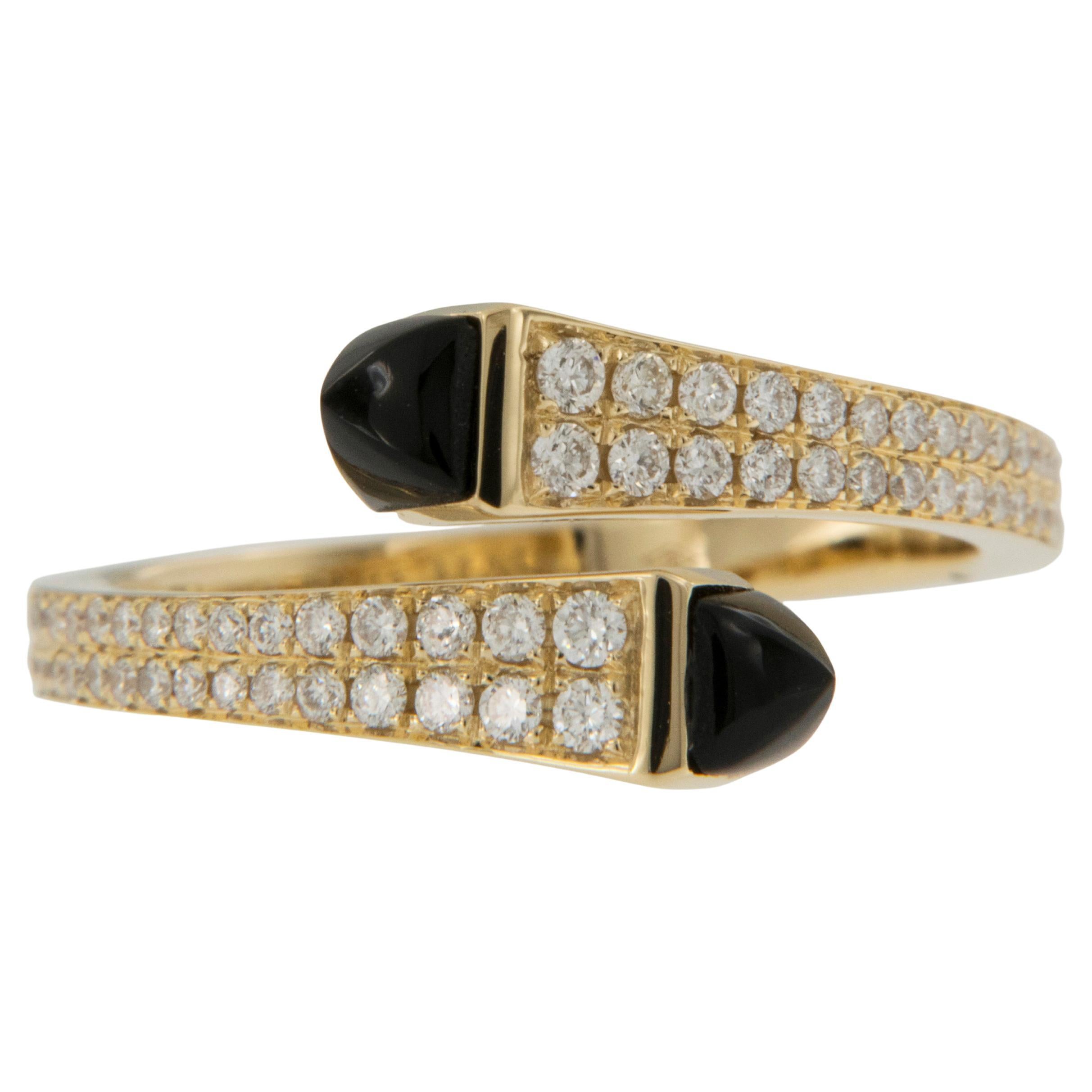18 Karat Yellow Gold Black Onyx & 0.35 Cttw Diamond Bypass Ring For Sale