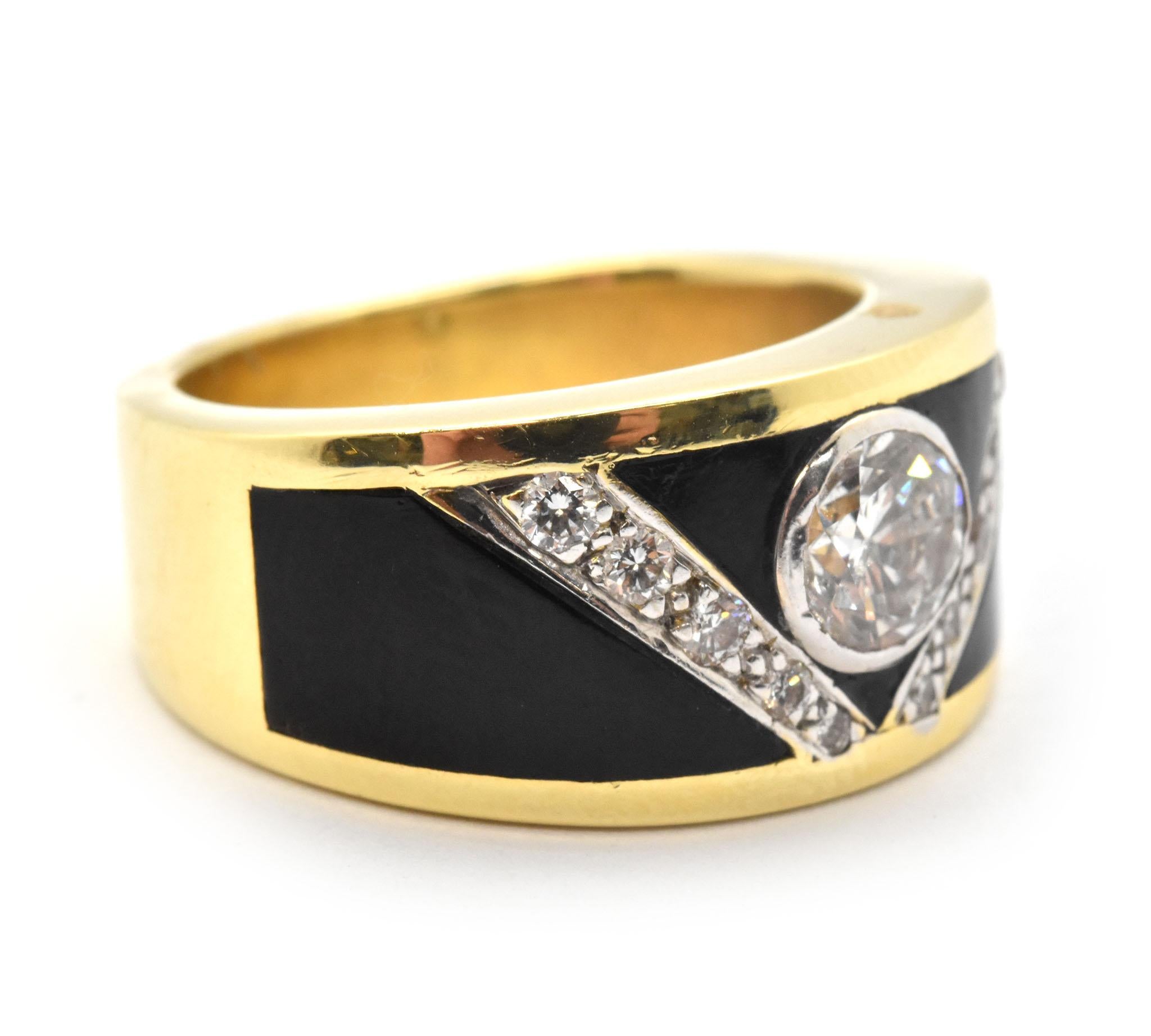 This gorgeous band is made in 18k yellow gold. It features onyx inlay accented by sparkling round diamonds. The center diamond weighs 0.90ct, and it is graded H in color and SI2 in clarity. The accent diamonds have an additional weight of 0.24ct and