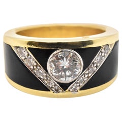 18 Karat Yellow Gold, Black Onyx and 1.14 Carat Diamond Band Ring
