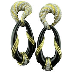 Vintage 18 Karat Yellow Gold Black Onyx and Diamond Drop Earrings