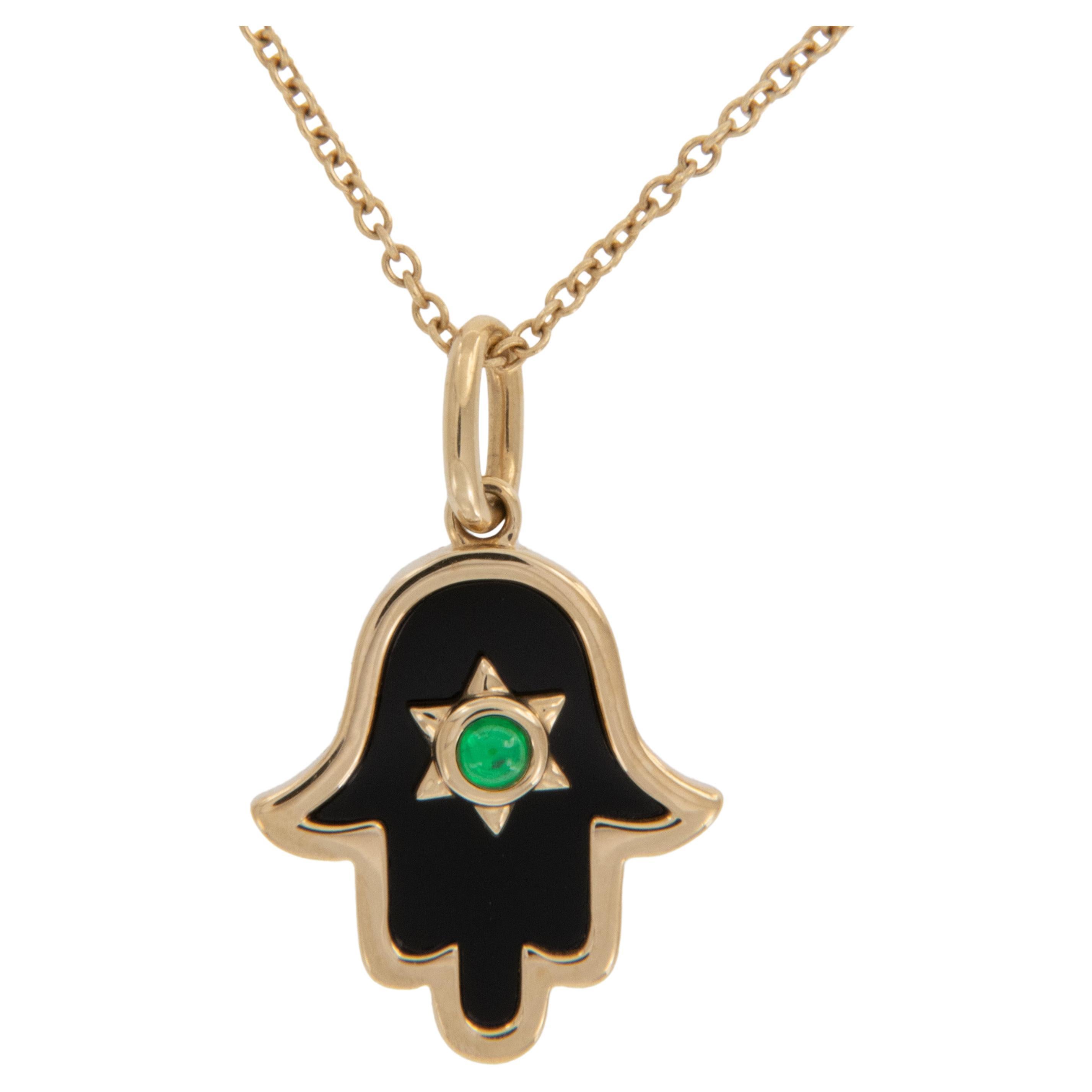 18 Karat Yellow Gold Black Onyx and Emerald Hamsa Necklace For Sale