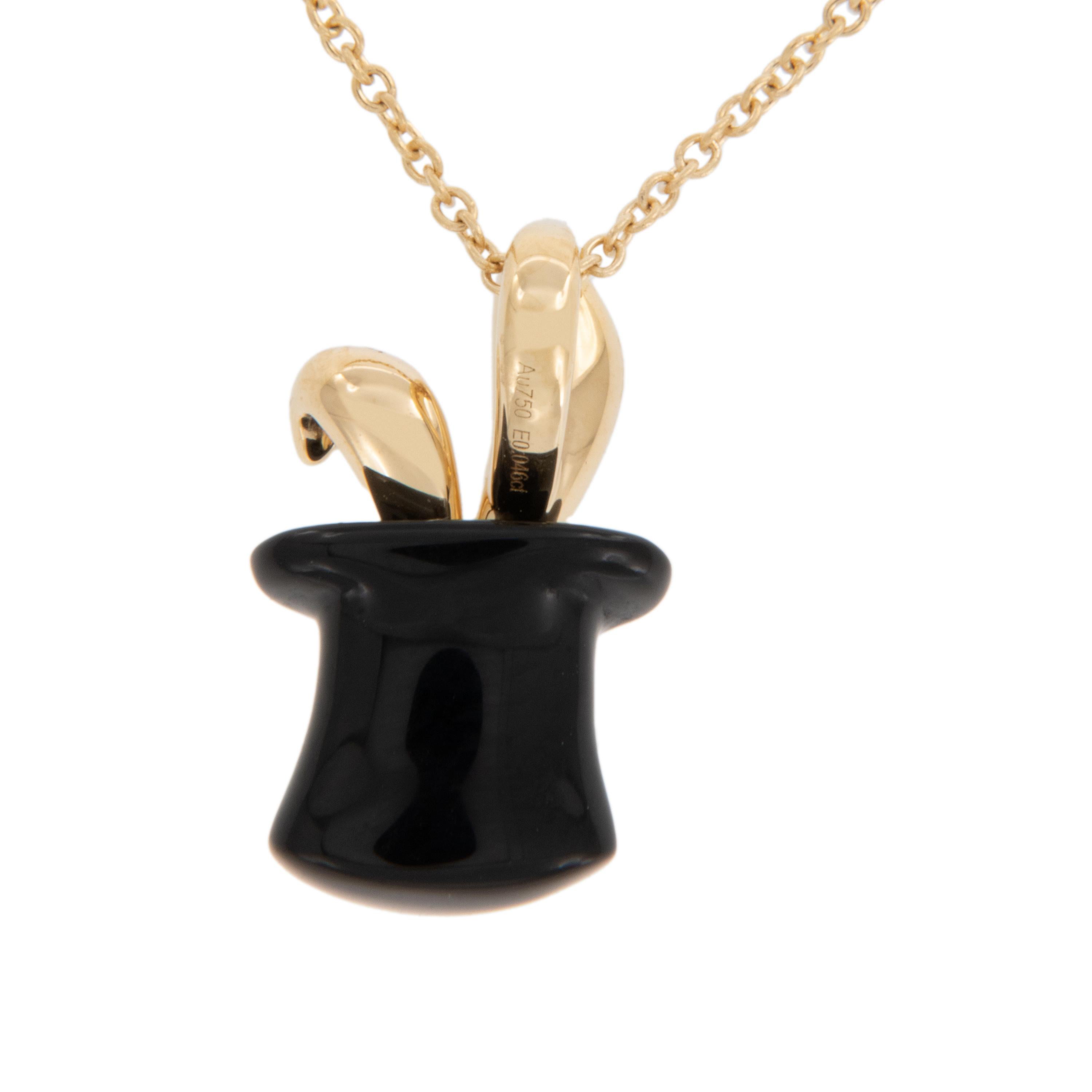 This necklace is absolute magic! No trickery here - this rabbit in a magic hat necklace looks adorable on your neck. Made from rich 18 karat yellow gold with 1.90 Carat black onyx magic hat with rabbit ears peaking through the top is accented with 1