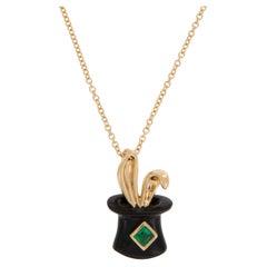 18 Karat Yellow Gold Black Onyx and Emerald Magic Hat Necklace