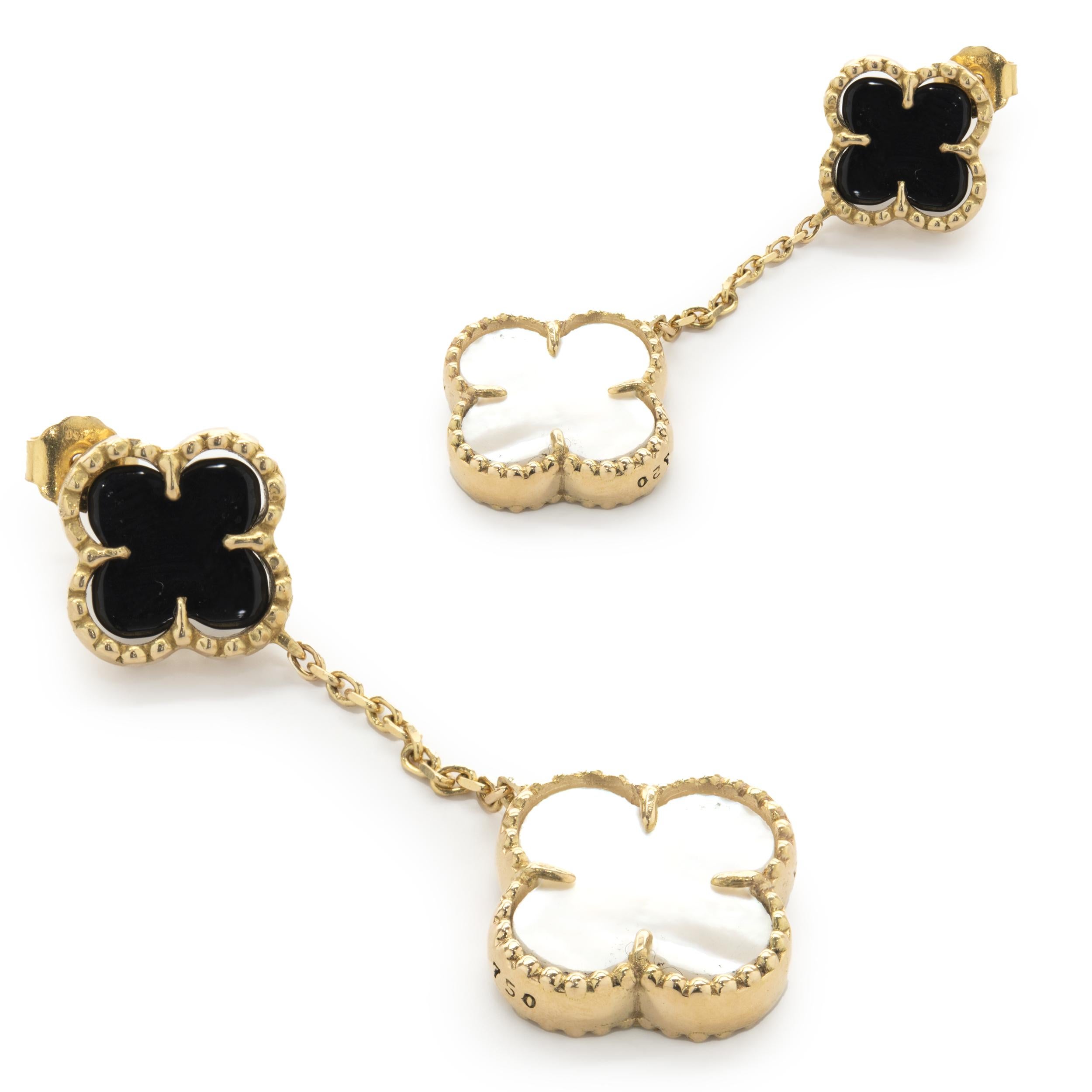 Mixed Cut 18 Karat Yellow Gold Black Onyx and Mother of Pearl Quatrefoil Drop Earrings For Sale