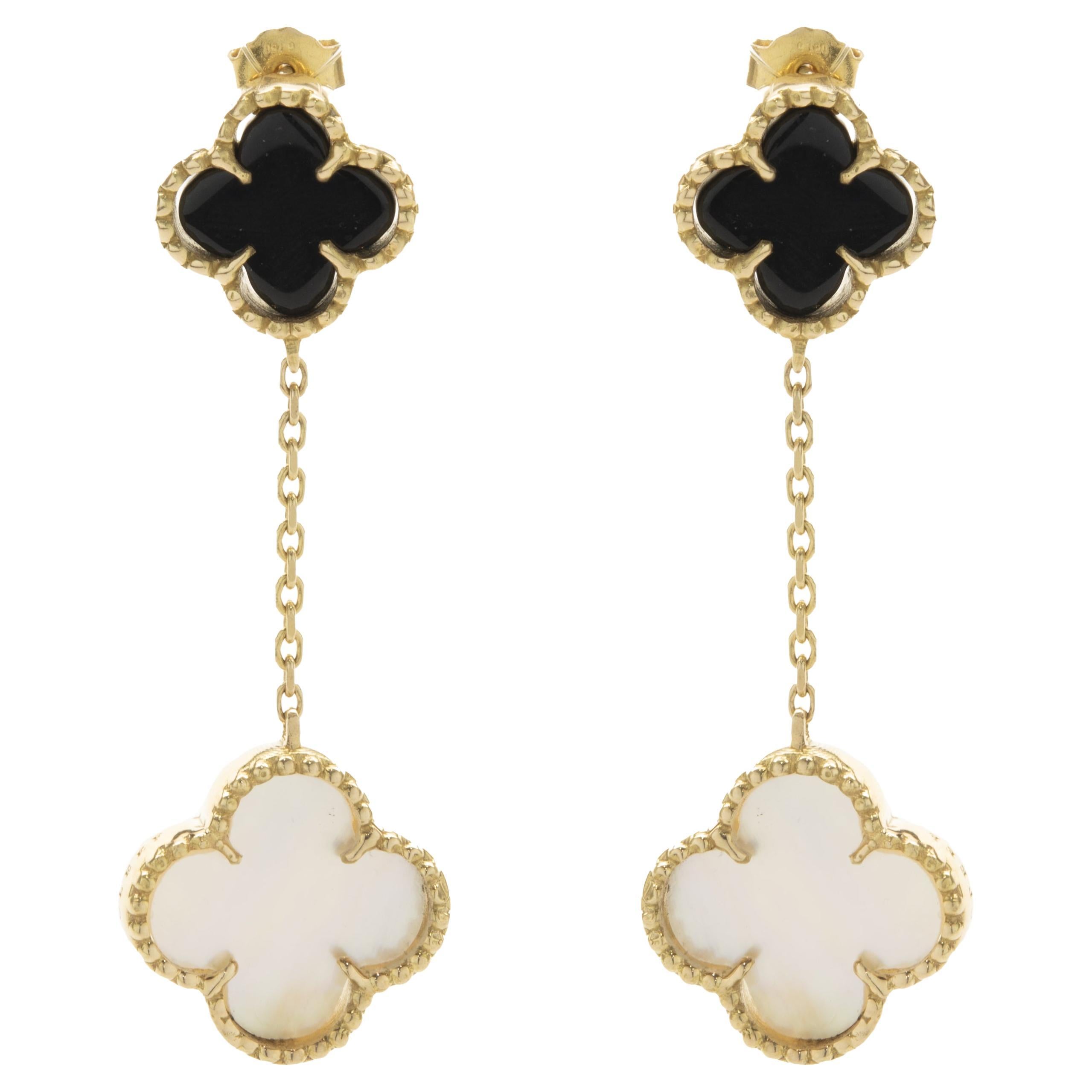 18 Karat Yellow Gold Black Onyx and Mother of Pearl Quatrefoil Drop Earrings
