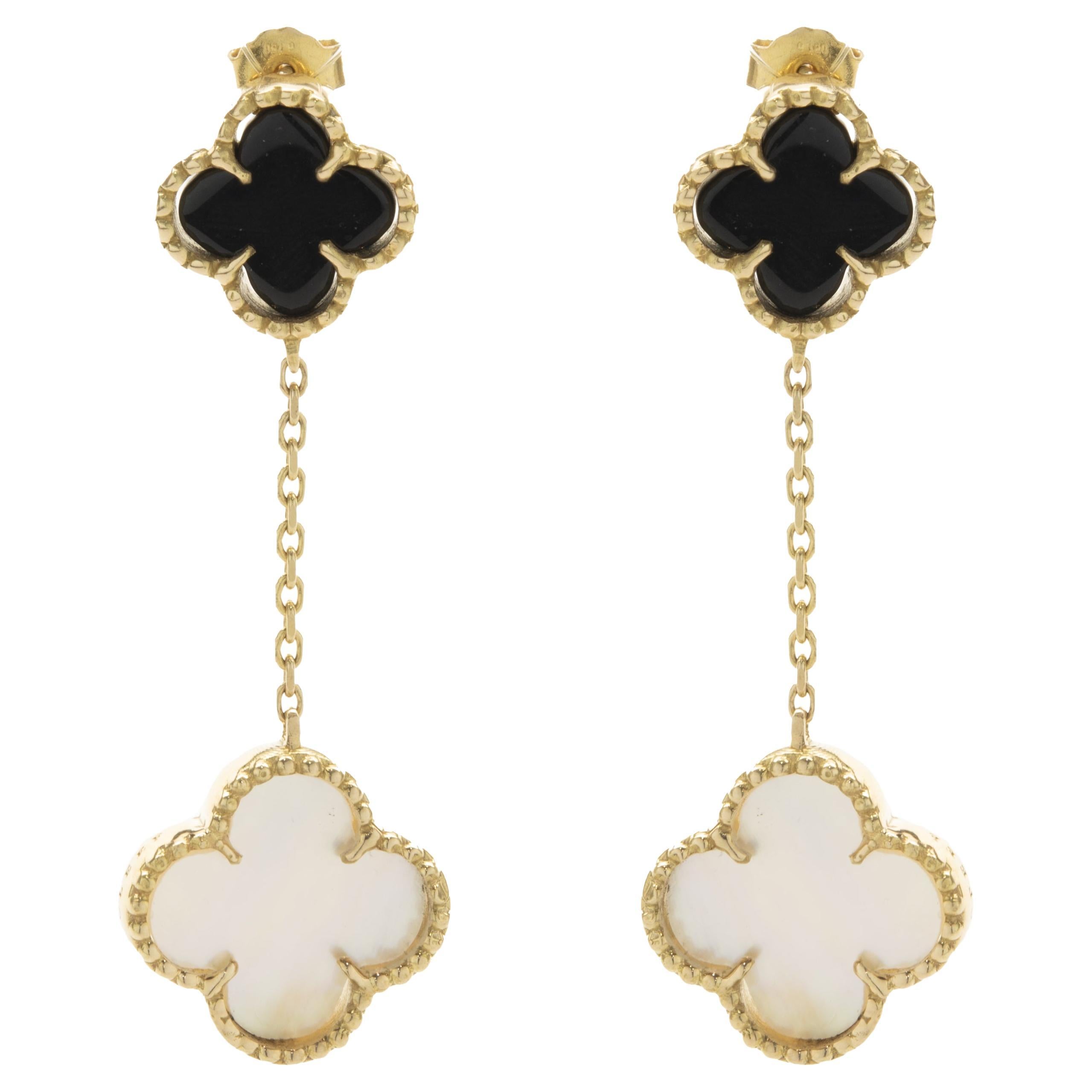 18 Karat Yellow Gold Black Onyx and Mother of Pearl Quatrefoil Drop Earrings