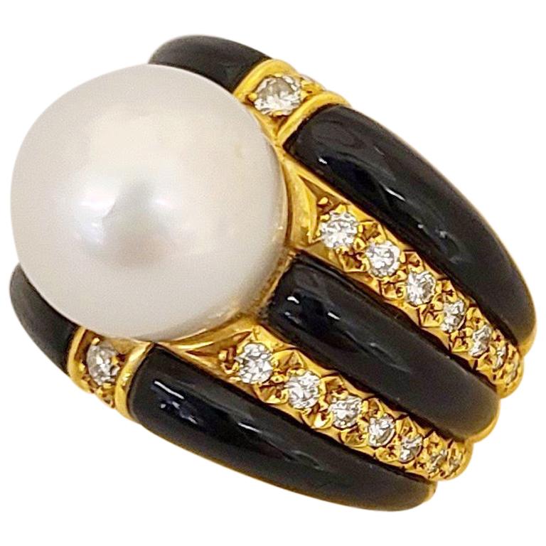 18 Karat Yellow Gold, Black Onyx, Diamond and South Sea Pearl Cocktail Ring For Sale
