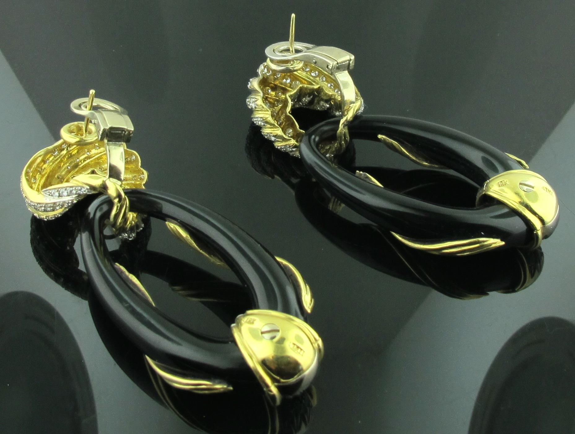 Women's or Men's 18 Karat Yellow Gold Black Onyx and Diamond Drop Earrings
