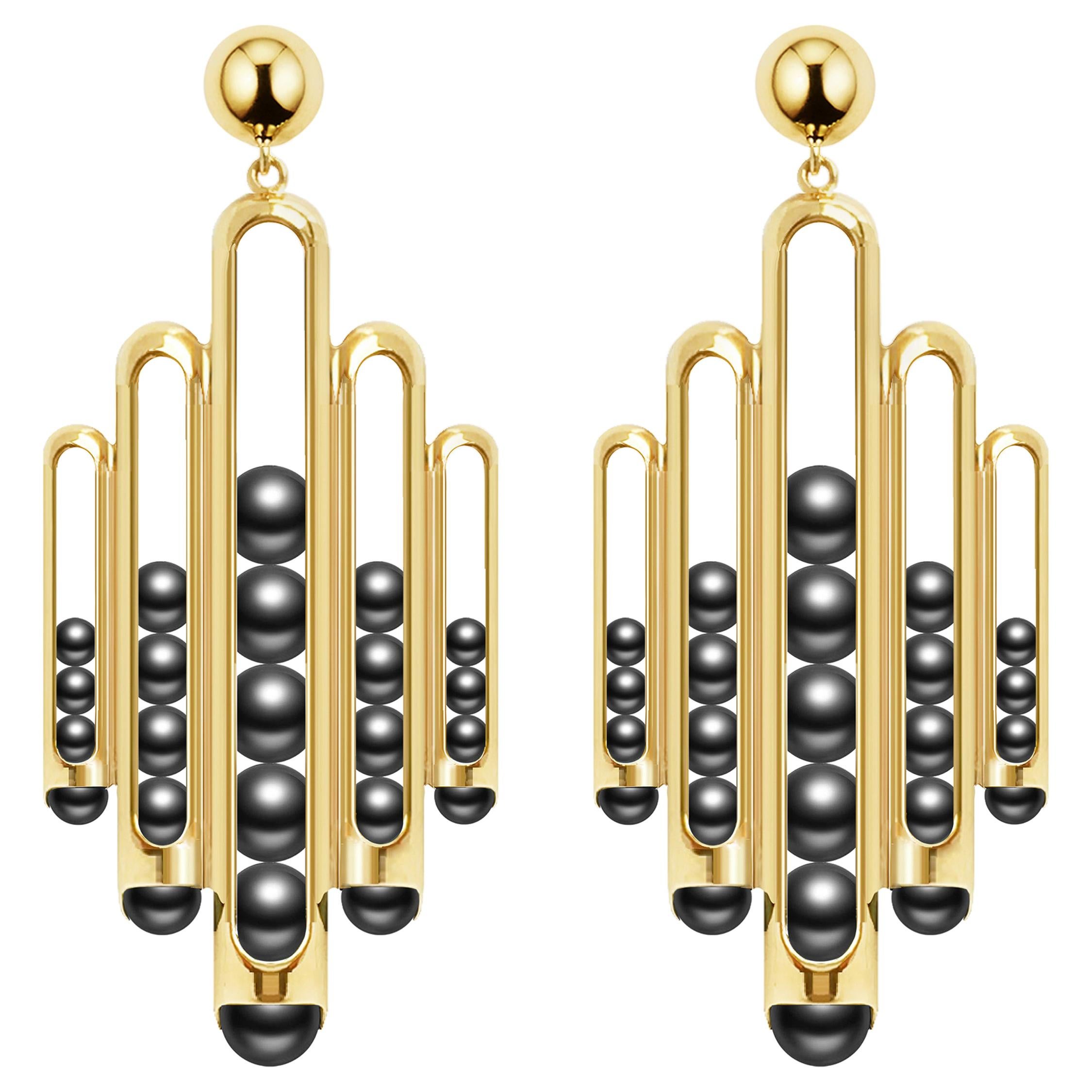 Melody Dangle Earrings 18 Karat Yellow Gold Black Onyx beads For Sale