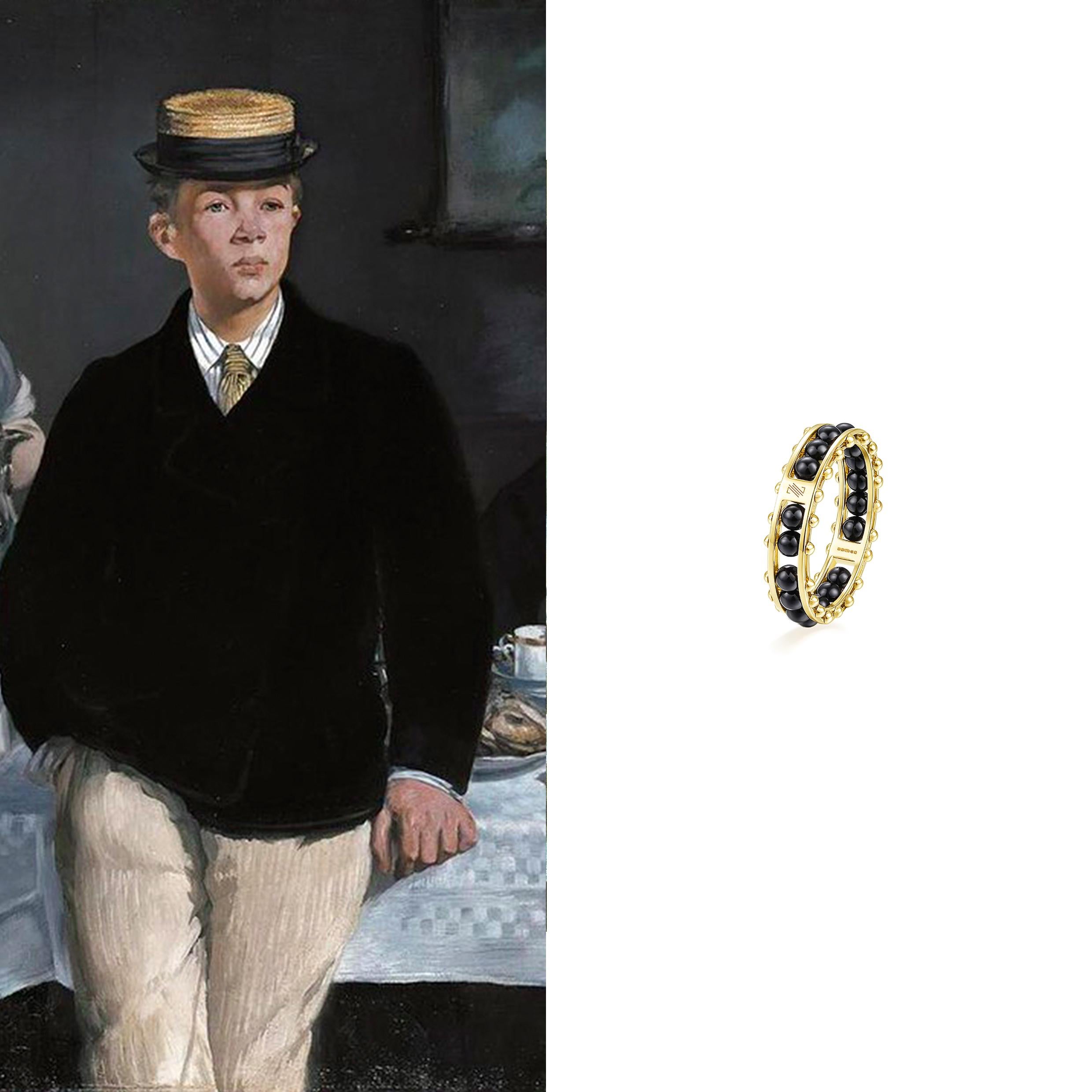 This beautifully crafted ring features hand selected Black Onyx beads set in 18k Yellow Gold. The gems are chosen for their quality and colour to best echo those hues in Édouard Manet's painting ‘Le Déjeuner dans l'atelier (Luncheon in the Studio)’.