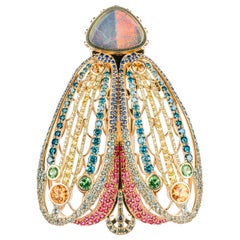 18 Karat Yellow Gold Black Opal and Gemstone Moth Brooch and Necklace Clasp