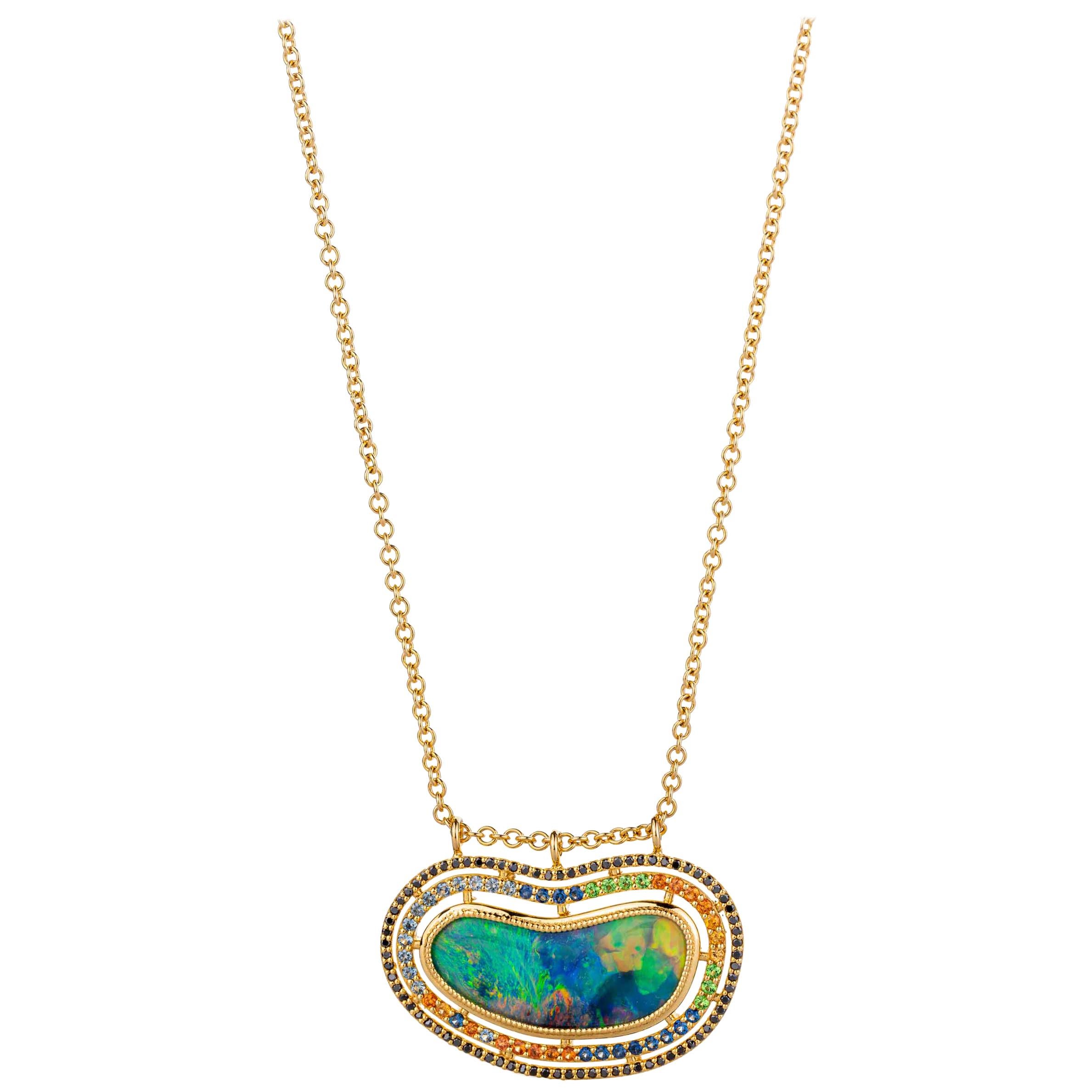 18 Karat Yellow Gold Black Opal Necklace with Diamond, Garnet, and Sapphire Halo