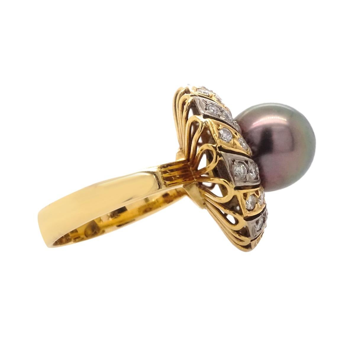 Metal: 18k Yellow Gold
Finger Size: 6.75
Gram Weight: 11 
Diamond Carat Weight: 2.88 CT
Diamond color: I-J
Diamond Clarity: S1-S2
Diamond Cut: Round 
Gemstone: Pearl
Gemstone Weight: N/A
Gemstone Cut: Round
Gemstone Color: Black