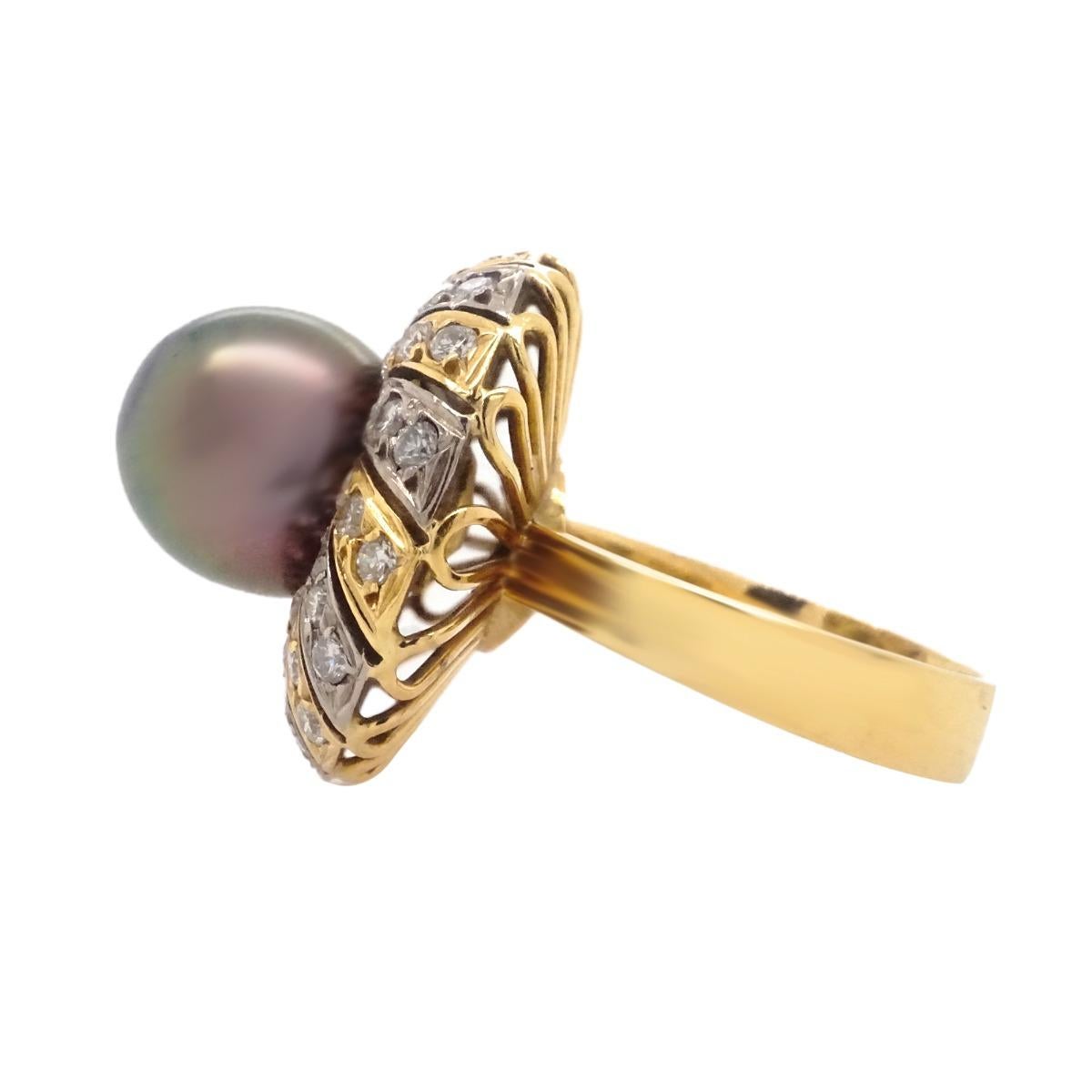 Modern 18 Karat Yellow Gold Black Pearl Diamond Cocktail Ring For Sale