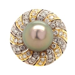 18 Karat Yellow Gold Black Pearl Diamond Cocktail Ring