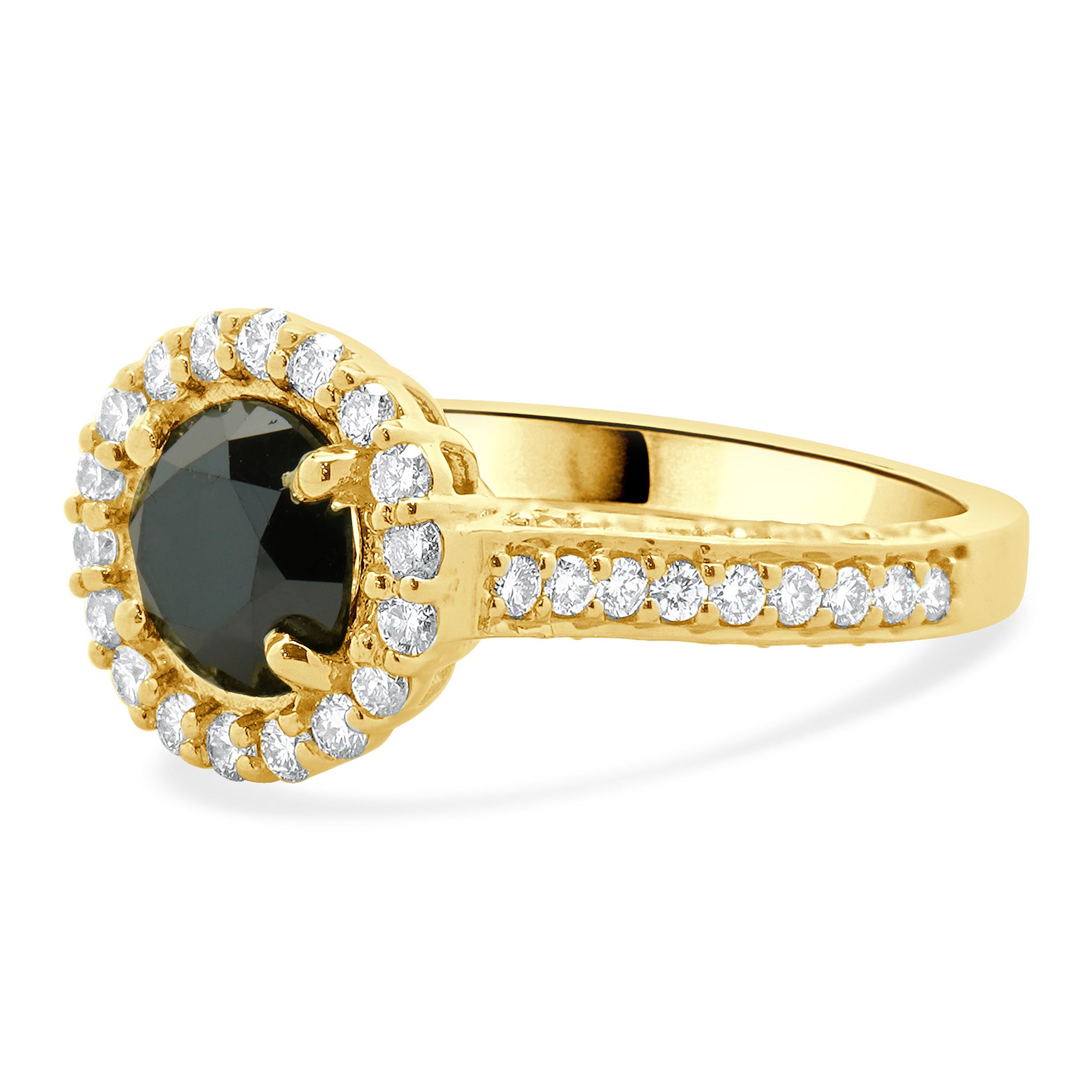 Designer: custom
Material: 18K yellow gold
Diamond: 1 round brilliant cut = 1.25ct
Color: Black
Clarity: SI2
Diamond: 68 round brilliant cut = 0.50cttw
Color: I / J
Clarity: SI1-2
Dimensions: ring top measures 11.50mm wide
Ring Size: 6.5