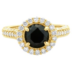 Bague de fiançailles en or jaune 18 carats avec diamant rond taillé en brillant noir