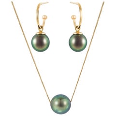 18 Karat Yellow Gold, Black Tahitian Pearl Hoop Earrings and Necklace Suite