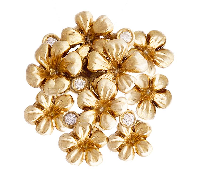 Round Cut 18 Karat Yellow Gold Blossom Baroque Revival Brooch with Diamonds by Artist For Sale
