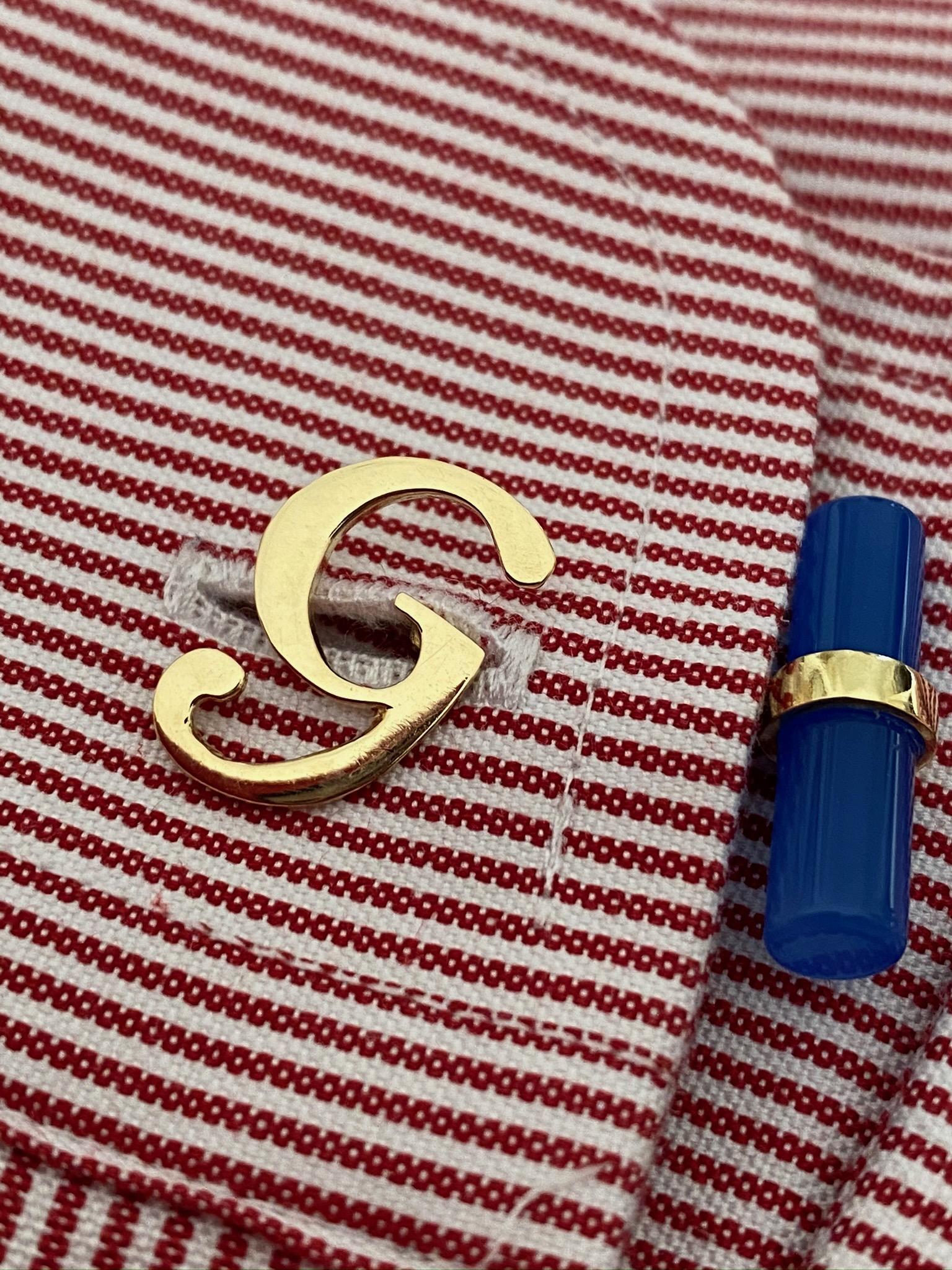 18 Karat Yellow Gold Blue Agate Letter & Initial Customizable Unisex Cufflinks For Sale 1