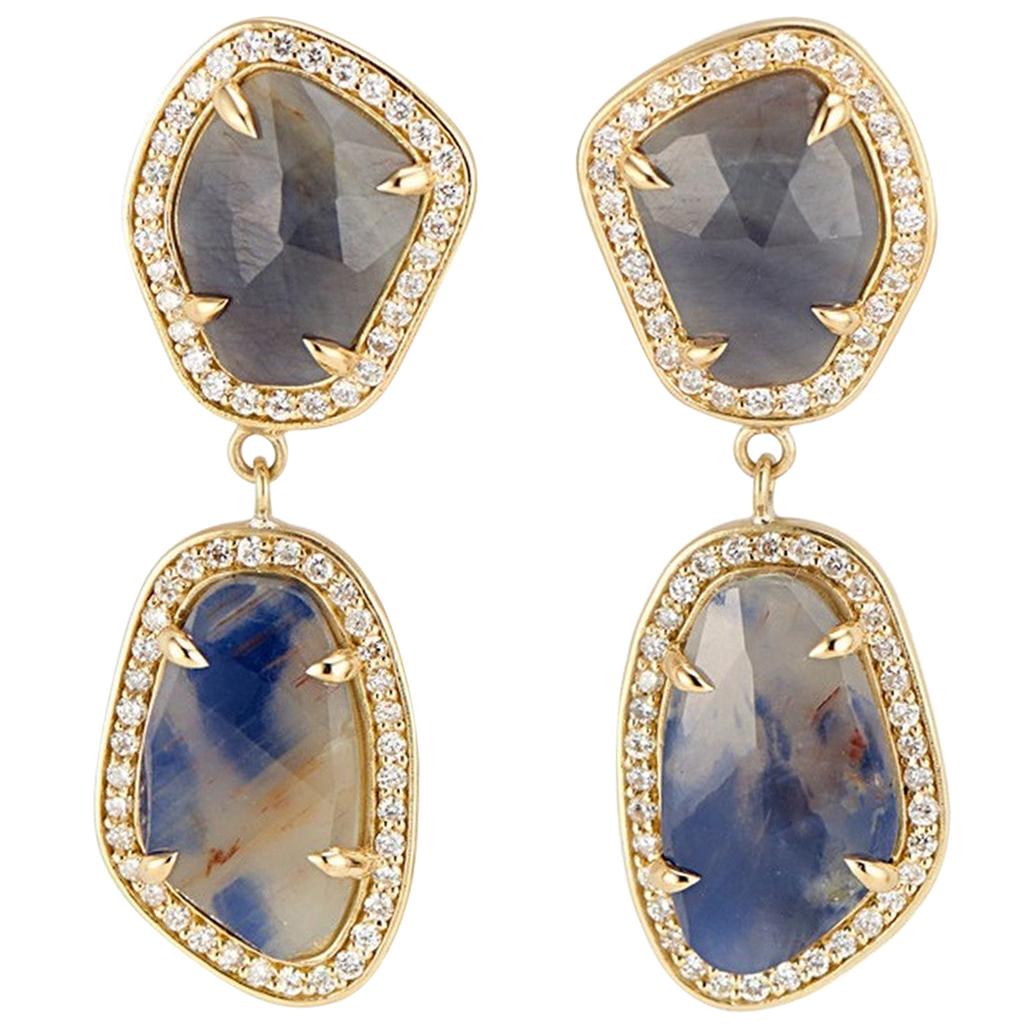 18 Karat Yellow Gold Blue and Cognac Sapphire Diamond Halo Slice Earrings For Sale