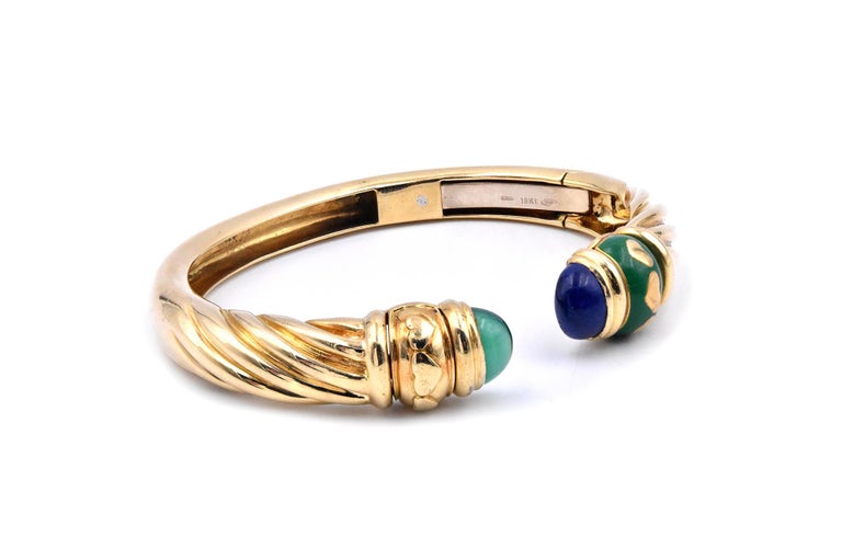 18 Karat Yellow Gold Blue and Green Enamel Heart Cuff Bracelet For Sale ...