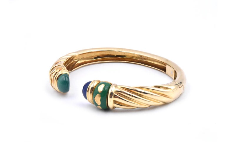 18 Karat Yellow Gold Blue and Green Enamel Heart Cuff Bracelet For Sale ...