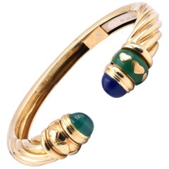 18 Karat Yellow Gold Blue and Green Enamel Heart Cuff Bracelet