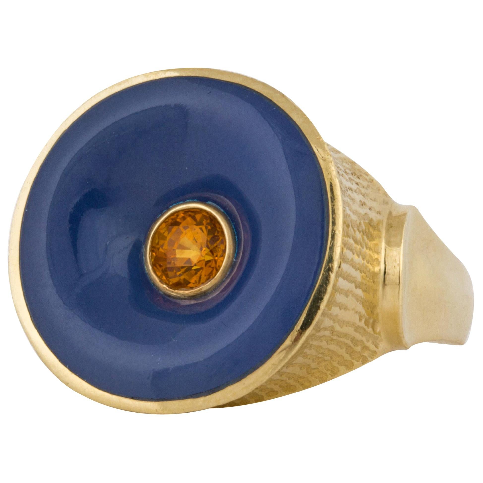 18K Yellow Gold Blue Chalcedony and Citrine Ring For Sale