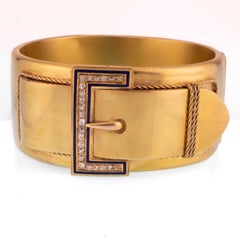18 Karat Yellow Gold Blue Enamel and 1 Carat Rose Cut Diamond Locket Back Bangle